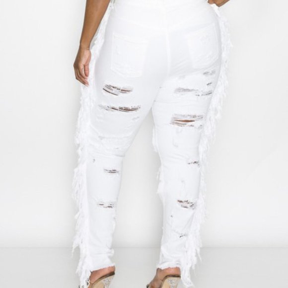 Plus Size Denim Distreesd Pants w/ Fringes - Picture 3 of 6